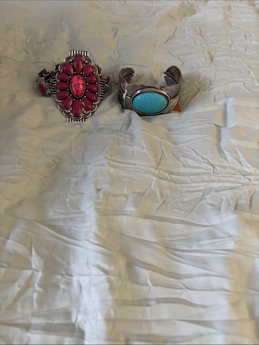 Sterling Silver Turquoise and Pink Stone Cuff Bracelets -